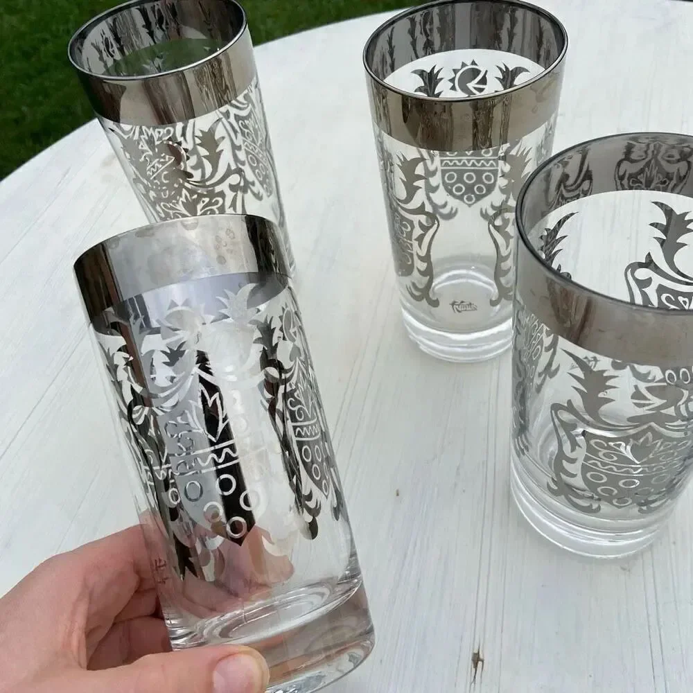 Vintage Kimiko Guardian Shield Crest glass (4) set , Lusterware by Vitreon, vint